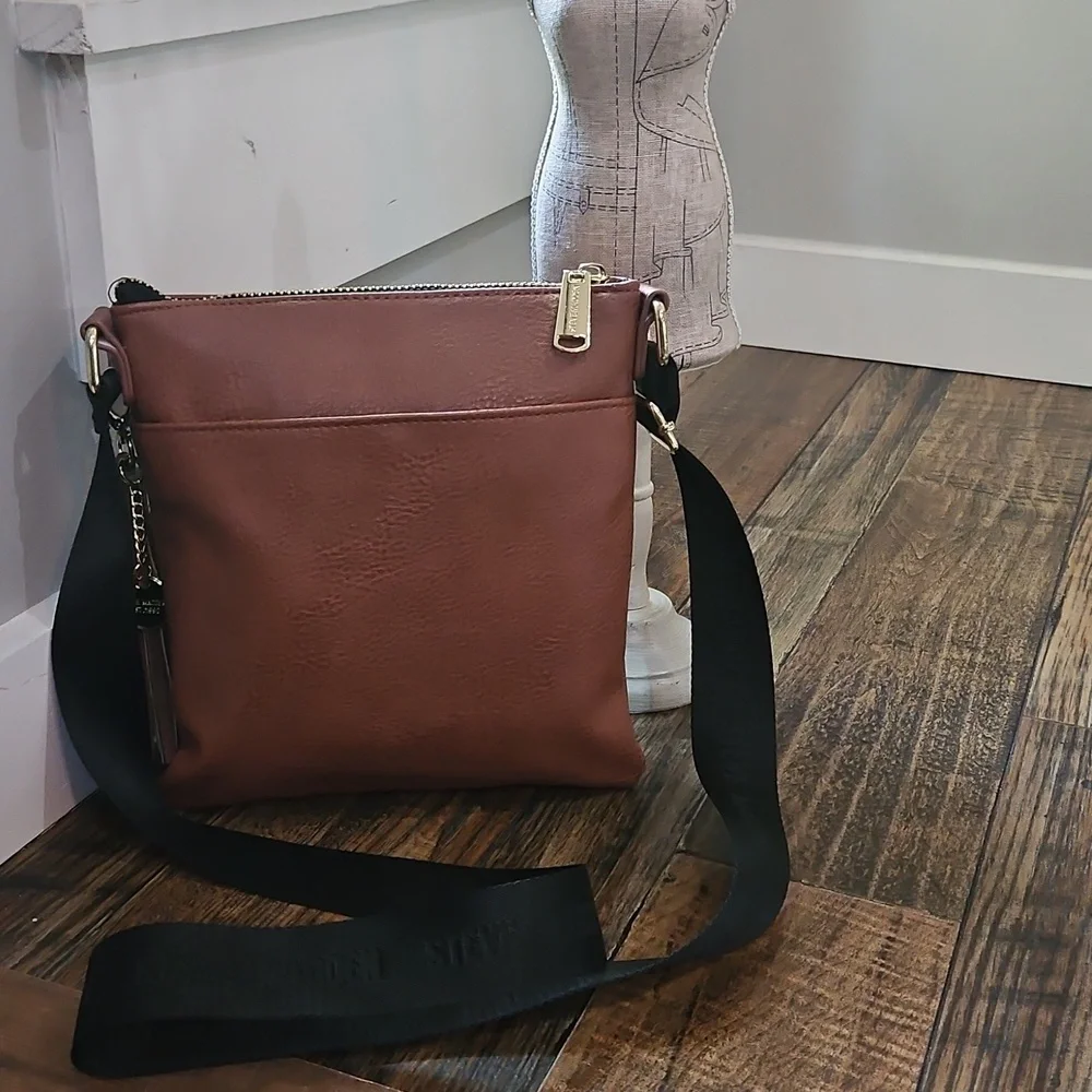 Steve Madden Women's Brown And Black Vegan Leather Crossbody Bag W/ Gold Accents